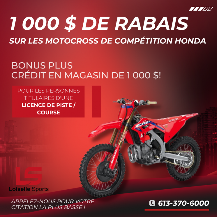 Rabais de 1 000 $ sur tout les motocross Honda de compétition!